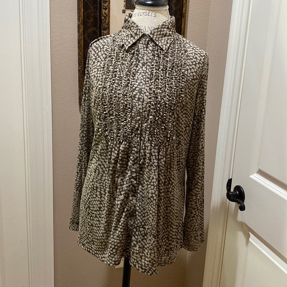 Liz Claiborne Lined Top, XL, Ruffled Front, 9-Button, Long Sleeve, Br/Lt Br, NWT - Picture 1 of 11